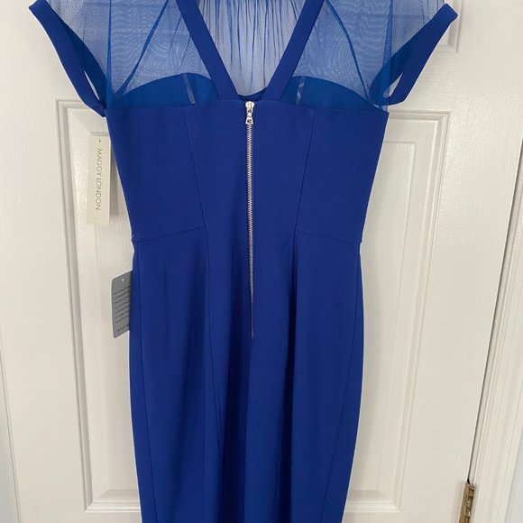 Maggy London Illusion Yoke Crepe Cocktail Dress Bristol Blue - Picture 5 of 6